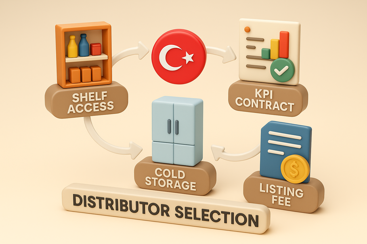 3D iconography scene of distributor selection workflow in Turkey (shelf access, cold storage, KPI contract, listing fee)
